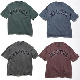 Camisetas masculinas para mulheres masculinas Nautica tingidas a frio lavadas usadas manga curta algodão pesado bordado camisetas íntimas verão
