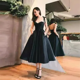 Little Black HomeComing Dresses A Line Prom Dresses Spaghetti Straps Satin Short Cocktail Dress Tea Lenight Asevers