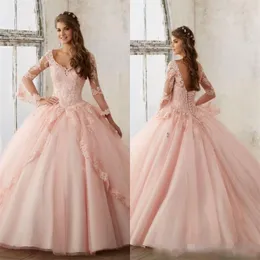 Erröten rosa Ballkleid Quinceanera Kleider 2020 Langarm rückenfrei Spitze Applikation Prom Party Kleider süßes 16. Geburtstagskleid Vestido 248g
