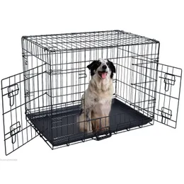 Cão casas canis acessórios 42 2 portas fio dobrável pet caixa gato gaiola mala canil playpen com bandeja entrega gota casa garde dhq6u