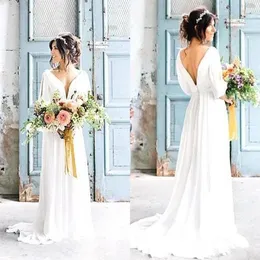 Casual Beach Wedding Dresses Half Sleeve Deep V Neck Bakccless Chiffon Golvlängd Brudklänningar Vestidos de Noiva Custom Size2824