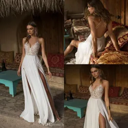 2019 Asaf Dadush Bohemian Wedding Dresses Chiffon Lace Applique Bead Beach Bridal Bowns Custom A Line Sexig Backless Side Split Wed244y