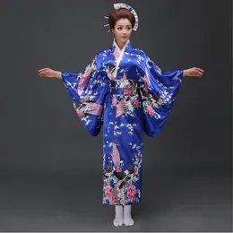 Blauer japanischer nationaler Damen-Kimono aus Seide, Yukata mit Obi, Neuheit-Abendkleid, Cosplay, Halloween-Kostüm, Blumenmuster, Einheitsgröße JK068218q