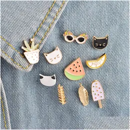 Pins Brooches Cartoon Metal Lapel Pin Watermelon Lemon Cactus Cat Sunglasses Leaf Popsicles Design Clothes Badges Decoration Drop D Dhjga