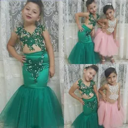 Green Mermaid Lace Appliques Girls Party Dress Flower Dress Dress For Wedding Baby Communion Dresses Pärlor Kids Pageant Gowns Chea255Z