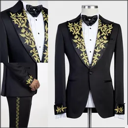 Esmoquin negro para hombre, apliques dorados, novio, ajustado, boda, Blazer, trajes, fiesta de graduación, pantalones, abrigo, chaqueta, 2 piezas, 1743