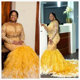 Aso Ebi 2019 Gold Gold Luxurious Sexy Sexy Dresses Lace Hoded Feather Mermaid Prom Dresses Cheer Neck Pageant G306G