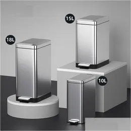 Waste Bins 10/15/18L Slim Profile Step Trash Can Wastebasket Stainless Steel Bathroom Bedroom Kitchen Garbage Container Bin Drop Del Dhhai