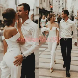 Mais novos macacões vestidos de noiva ombro a ombro cetim primavera praia mariage árabe plus size vestido de noiva para noiva robe de marie2347