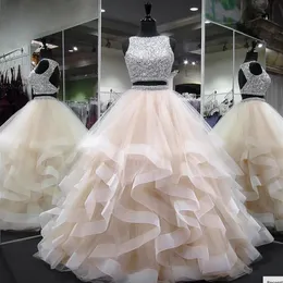 Two Pieces Tulle Ball Gowns Quinceanera Dresses Beaded Stones Top Layered Ruffles Backless Prom Gowns Sweet Girls 16 Years Dresses280B