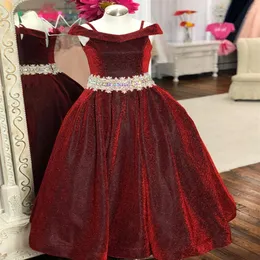 Glitter konkursowe sukienki dla nastolatków 2020 kryształy kryształki długie suknie konkursowe dla małych dziewcząt z ramion Burgundii Formalne P220L