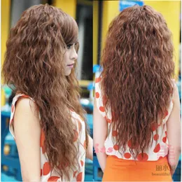 여자 소녀 긴 곱슬 곱슬 웨이브 갈색 머리 전체 가발 코스프레 파티 의상 패션 234y