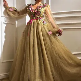 Gold Tule A Line Long Sleeve Elie Saab aftonklänningar Långa muslimska klänningar 2019 Nya arabiska sexiga balklänningar för födelsedag E020251O