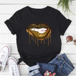 Summer Women's Fashion Red Lip Mönster tryckt rund hals Lossa kort ärm T-shirt topp