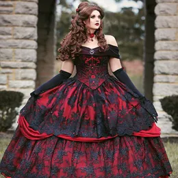 Czerwony i czarny zamek księżniczka suknia ślubna gotycka vintage suknia balowa z ramion koraliki koronkowe suknie ślubne