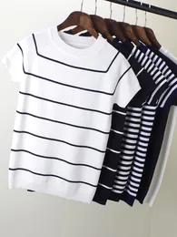 Kvinnors tröjor Big Size Summer Short Sleeve Rands Pullover Women Sweater Sticked Tops Korean Pull Femme Jumper Female 230720