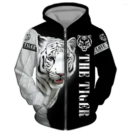 Mäns hoodies Höst- och vintermän Zip Hoodie 2023 Animal Tiger 3D Print Hip Hop Hooded Sweatshirt Casual överdimensionerad gatasportkläder