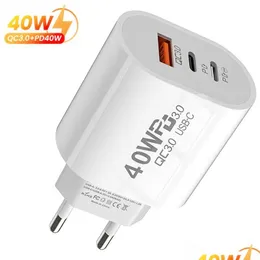 Mobiltelefonladdare 40W 3A Dual Pd USB C Wall Charger 3Ports QC3.0 Typ Fast Charging Power Adapter US EU UK Plugs för S20 S22 UTRAL DH5CG