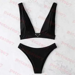 Womens Sexy Bra Swimwear With Triangle Badge Black Bikini Set Deep V Neck Swimsuit Summer Bathing Suit
