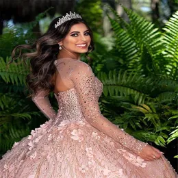 2021 Shining Pink Ball Gown Quinceanera Dresses Pärlade av axel tyll paljett Sweet 15 16 klänning xv fest slitage266e