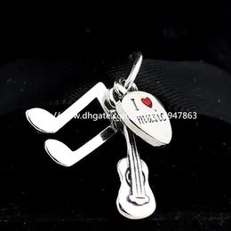 S925 Sterling Silver I Love Music Guitar Ciondola il branello di fascino con smalto rosso Adatto ai gioielli europei Pandora Bracciali Collane Pen212D