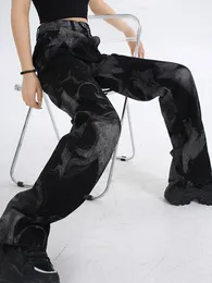 Kvinnors jeans svart slips färgade höga midja kvinnor vintage koreanska mode streetwear wide ben jean kvinnlig denim byxor raka baggy byxor 230720