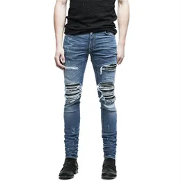 Projektant marki Moraancle Mens Rubted Biker Dżinsy Hi-street Zakres Moto Denim Joggers Spodery skórzane patchwork czarny niebieski 328J