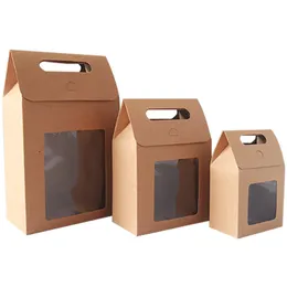 Hediye Sargısı 12/24/48pcs Kraft Paper Portable Hediye Çantaları Düğün Şeker Paketleme Çantaları Açık PVC Pencere Mühür Kutuları İş için Paketleme Çantası 230720