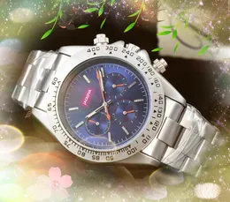 メンズフル機能の時計ストップウォッチ43mmスリーアイズデザインメンクォーツムーブメントスポーツクロックフルファインステンレススチールストラップオートデートタイミング腕時計ギフト