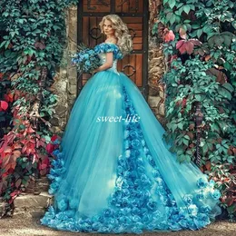 2021 Prinzessin Abendkleider Ballkleid Quinceanera Kleid Handgefertigte Blumen Schulterfrei Tüll Sweet 16 Prom Party Wear2567