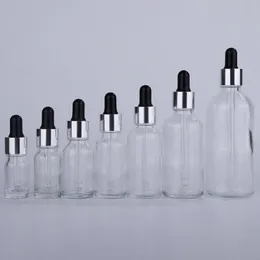 Garrafas conta-gotas de vidro transparente vazias 5-100ml por atacado com tampa de prata tampa de borracha preta para conta-gotas aromaterapia garrafas de essência grossa Mkbr