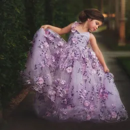 라벤더 레이스 어린 소녀 대회 드레스 3D 아플리케 유아 볼 가운 꽃 소녀 드레스 바닥 길이 얇은 명주 그러