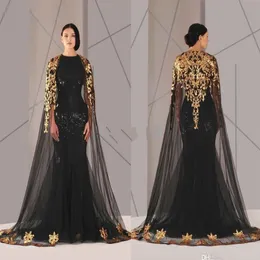 Arabic Muslim Evening Dresses Plus Size Party Gowns Tulle Cloak Gold and Black Sequins Crew Neck Mermaid Formal Wear Long Pageant 202Z