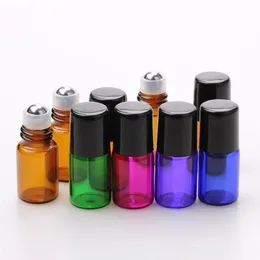 Mix Colors METAL Roller Ball Bottles 1ml 2ml Amber Purple Blue Green Red Glass Bottles with Stainless Steel Ball and Black Lids Dguna