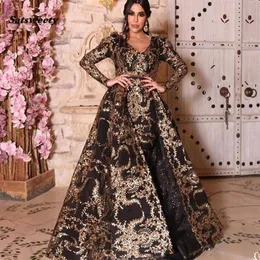 Yousef Aljasmi Prom Dresses with Detachable Overskirt V-Neck Evening Gowns Side Split Arabic Luxury Plus Size Formal Dress Party W209R