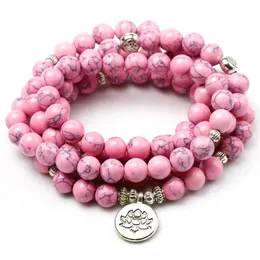 Pink Howlite Stone Healing Chakra 108 Prayer Beads Mala Bracelet Women Jewelry Wrist OM Buddhist Buddha Charm Bracelets192U