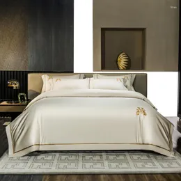 Conjuntos de roupa de cama 1200TC Algodão Egípcio Luxuoso Conjunto Bordado Dourado Champanhe Macio Sedoso Capa De Edredom Plana/Ajustada Lençol Fronhas