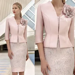 Pink Mother Of The Bride Dresses With Jacket Lace Appliqued Wedding Guest Dress Knee Length Short Mothers Formal Outfit290A