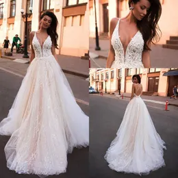 New Lace A Line Boho Wedding Dress Glitter v Neck Abric Criss Cross Dresses Vestido de Noiva Beach Wedder Bridal Ordals2122