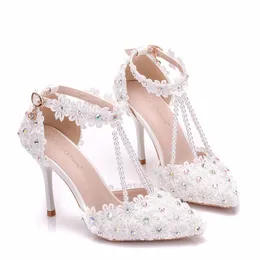 Downton Scarpe da sposa fatte a mano con perle e pizzo Scarpe da sposa a punta Scarpe da damigella d'onore Prom Party con cristalli Cavigliere tacco 9cm 256b