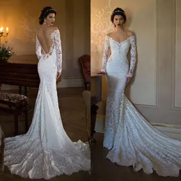 2019 Berta Full Lace Backless Wedding Dresses Off Off Offer Offer Leng Sleeves Wedding Gowns Chapel Train Beaded Trumpet Brid244a