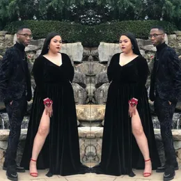 Plus Size African Black Velvet Long Prom Dresses Manica lunga Abiti da sera convenzionali Side Split Party Gala Dress Cheap Robe de soiree252c