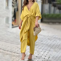 Kvinnors tvåbitar byxor Casual Fashion Half Sleeve V Neck Shirt Loose Clothing Suit Tracksuit Summer Women Elegant Set Vacation Outfits