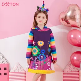 DXTON Girls Dresses Hoodies Flower Print Vestidos Long Sleeve Autumn Winter Striped Cotton Clothes Kids Hooded Dresses for Girl