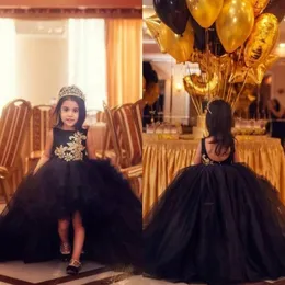 2020 Modern Black Ball Gown Hi Lo Girls Graduation Dresses Gold Embroidery Bateau U Open Back Pageant Flower Girl Dresses First Co254z