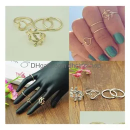 Cluster-Ringe Mode Sier Gold Schatz Baum Blatt Blätter Nagelband Mittelfinger-Ring-Set für Frauen Knuckle Schmuck 1Setis4pcs Drop D Dhjoe