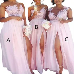 2023 Fashion Pink A Line Chiffon Bridesmaid Dress Lace Applique Prom Dress Illusion Neck High Slit Beach Formella aftonklänningar Part2513