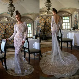 2019 Berta Mermaid Wedding Dresses Illusion Sequins Pärlade långärmad rygglös brudklänningar Robe de Mariee Soiree2947