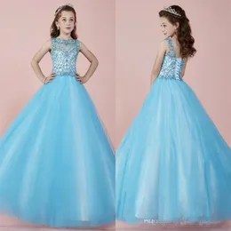 2021 Hafif Gök Mavisi Güzel Güzel Uzun Kız Pageant Elbiseleri Sheer Crew Boyn Boncuklu Kristaller Korse Arka Tül Prenses Çiçek Kız294D