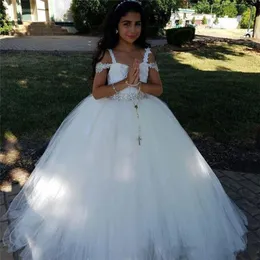 Nuovi abiti da ragazza di fiori gonfi a buon mercato per matrimoni Applique in pizzo perline senza maniche Tulle Girls Pageant Dress Kids Baby Children Commu245h